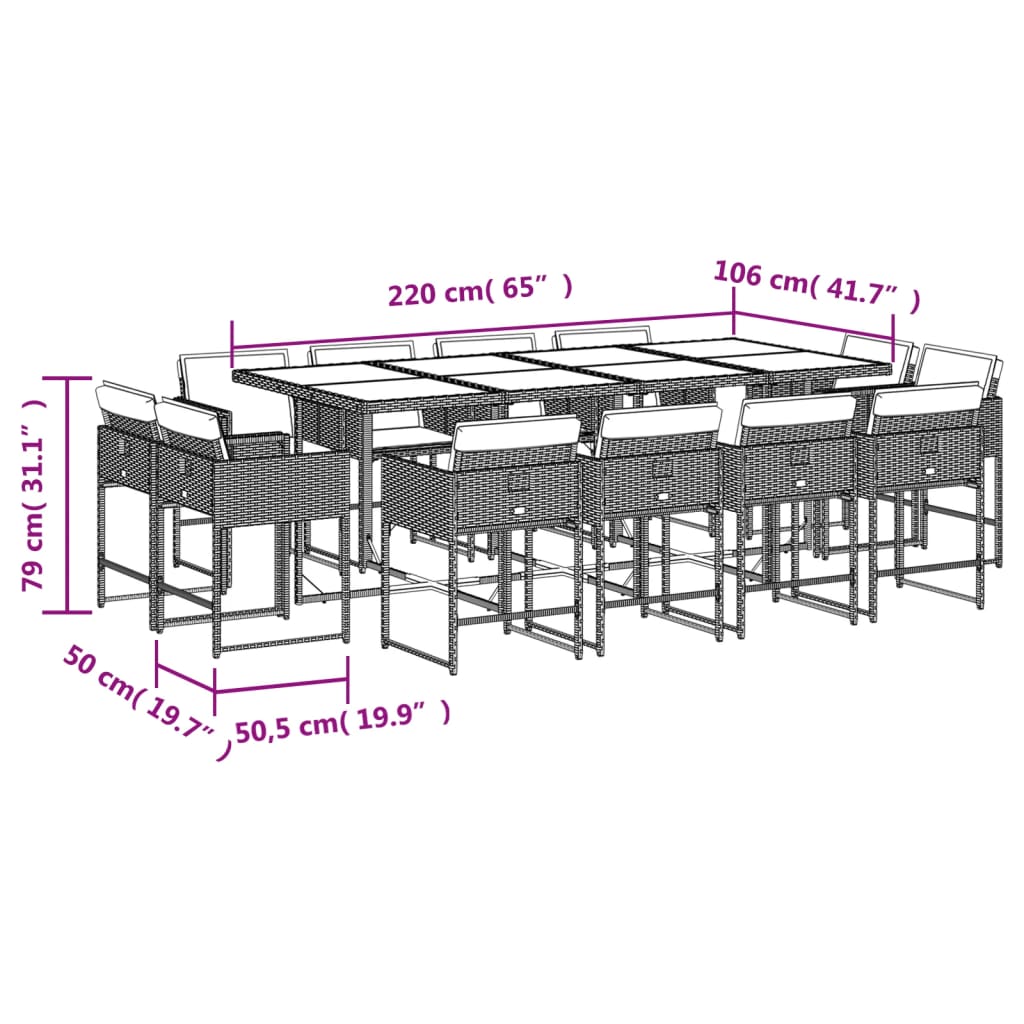 Ensemble à manger de jardin coussins 13 pcs gris résine tressée