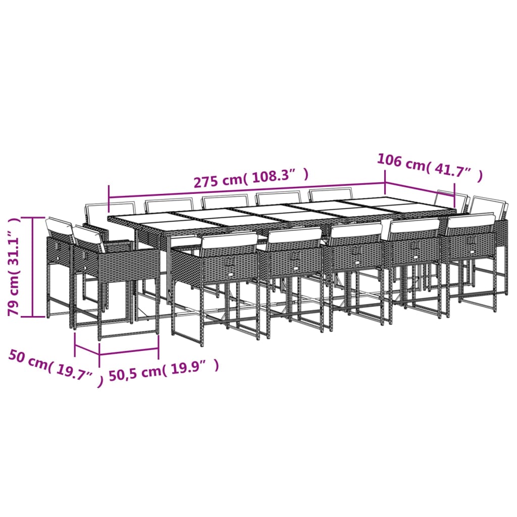 Ensemble à manger de jardin avec coussins 15 pcs marron rotin