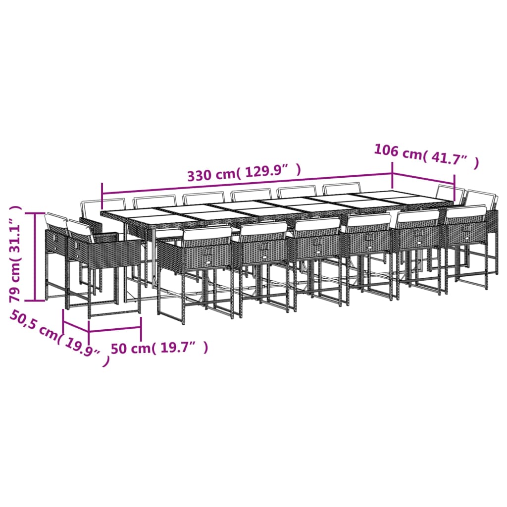 Ensemble à manger de jardin et coussins 17 pcs gris clair rotin