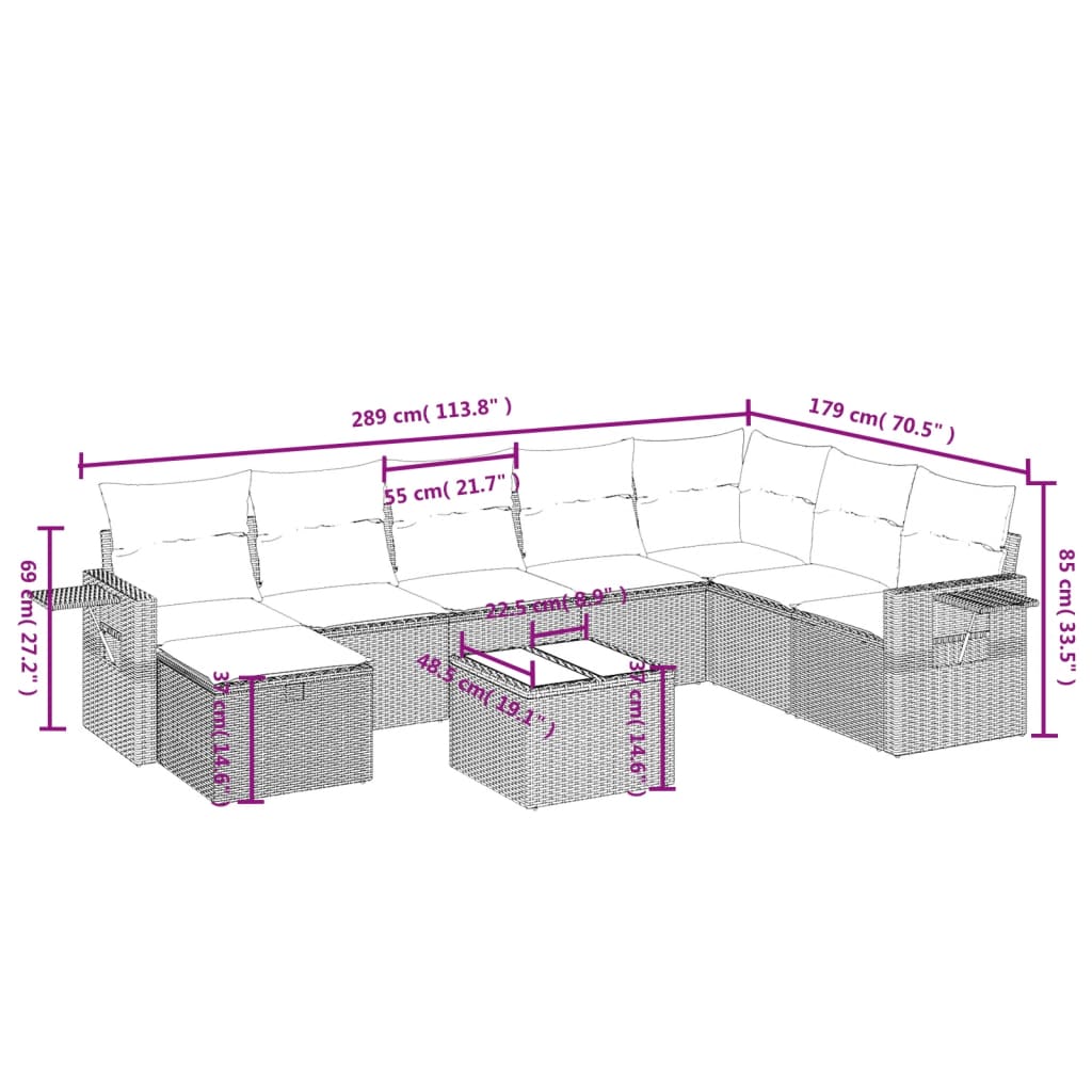 Salon de jardin avec coussins 9 pcs beige résine tressée