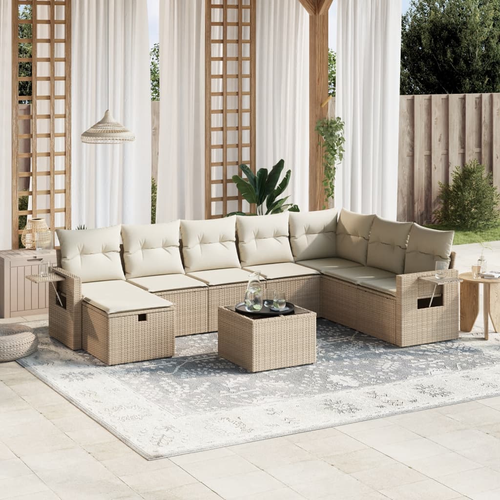 Salon de jardin avec coussins 9 pcs beige résine tressée