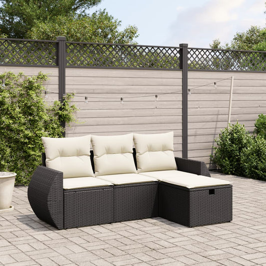 Salon de jardin 4 pcs avec coussins noir résine tressée