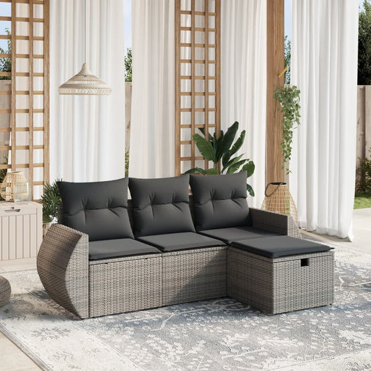 Salon de jardin 4 pcs avec coussins gris résine tressée