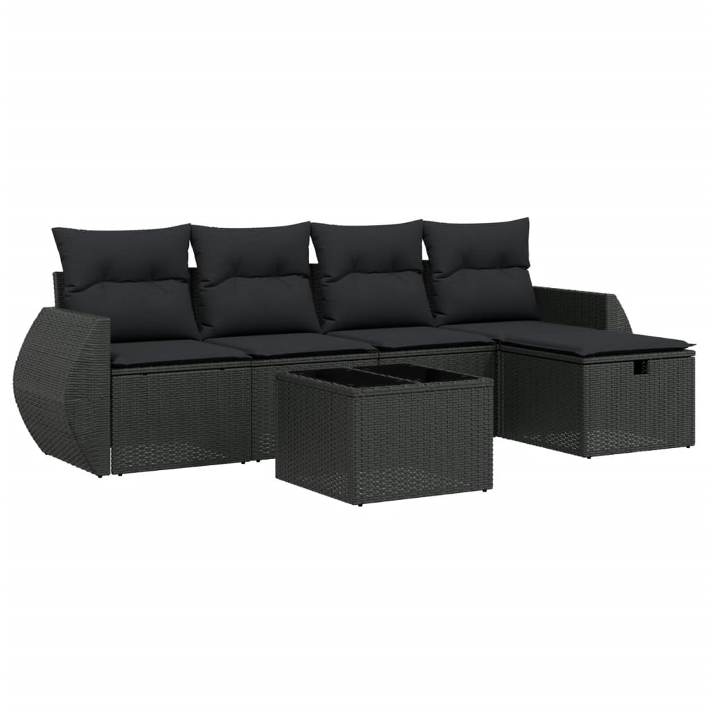 Salon de jardin 6 pcs avec coussins noir résine tressée