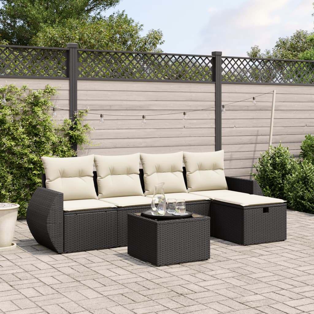 Salon de jardin 6 pcs avec coussins noir résine tressée