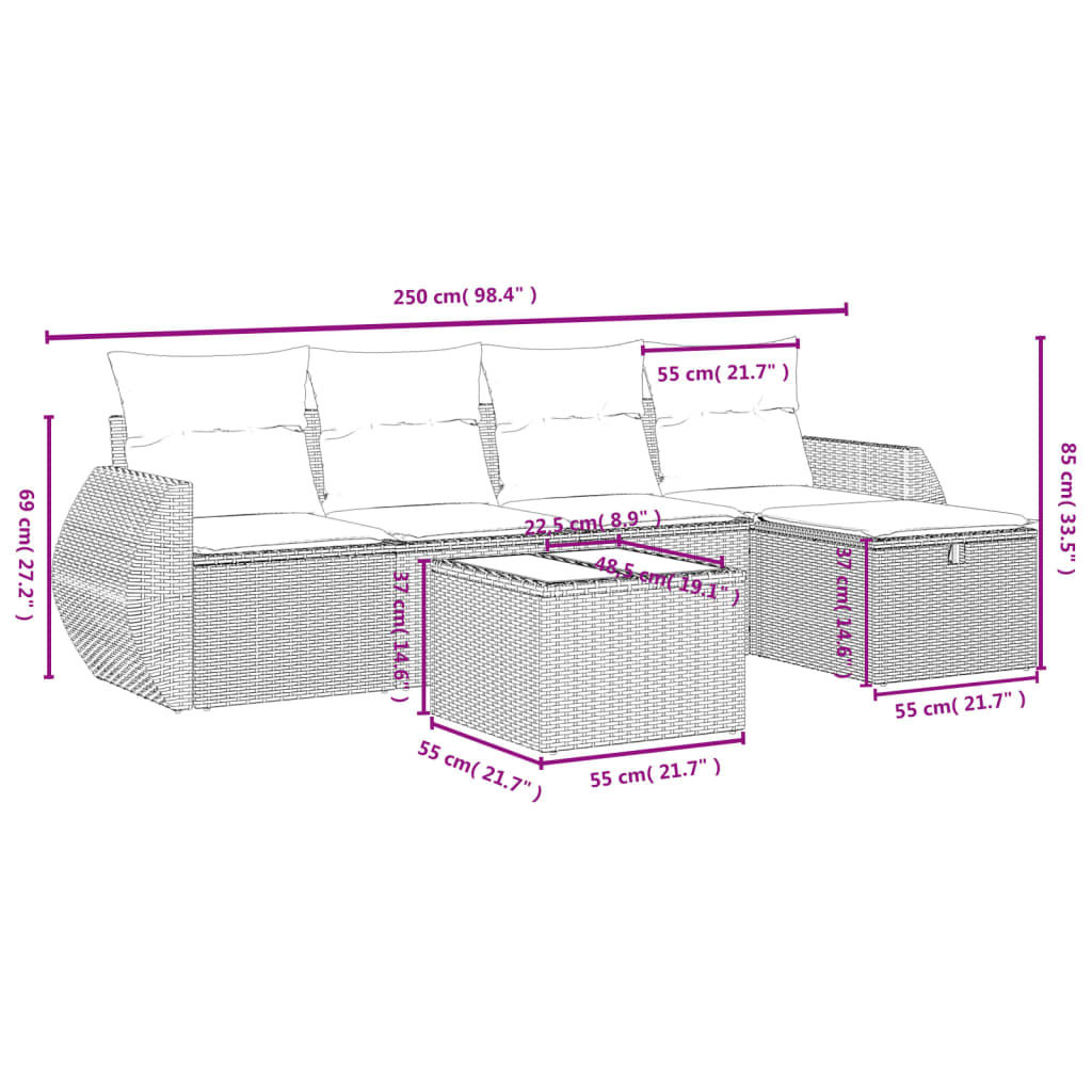 Salon de jardin avec coussins 6 pcs beige résine tressée