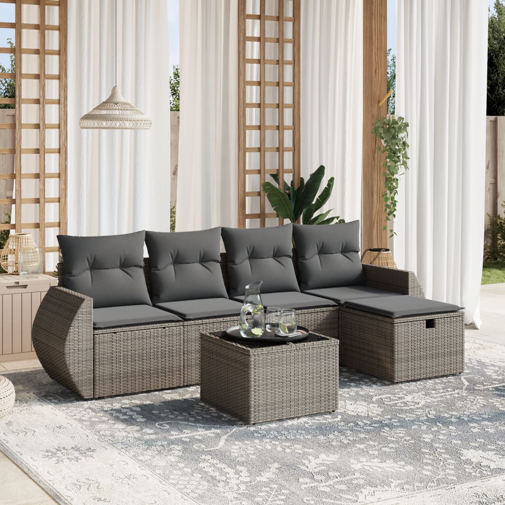 Salon de jardin 6 pcs avec coussins gris résine tressée