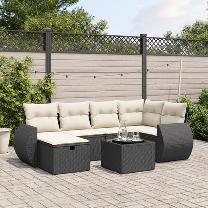 Salon de jardin 7 pcs avec coussins noir résine tressée