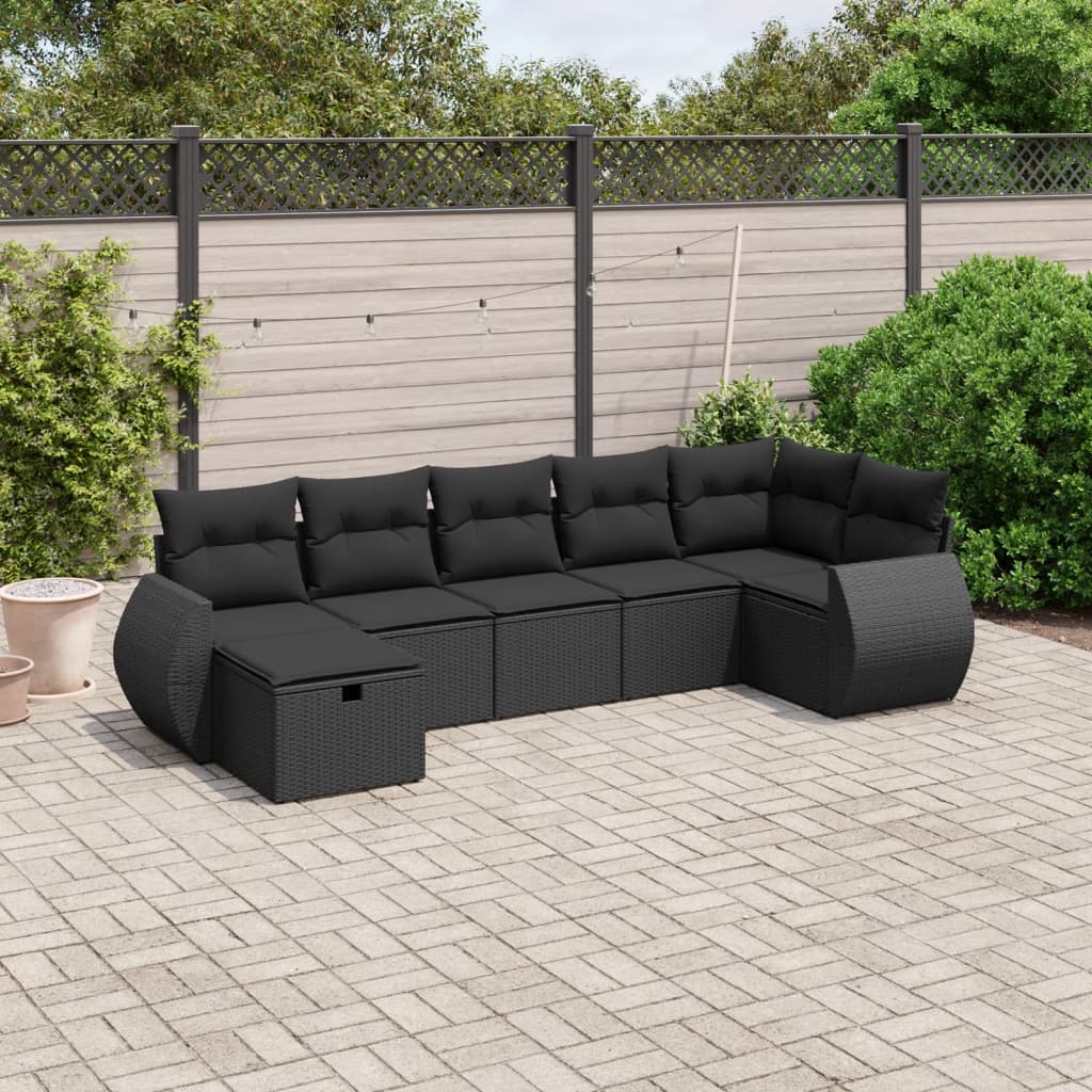 Salon de jardin 7 pcs avec coussins noir résine tressée