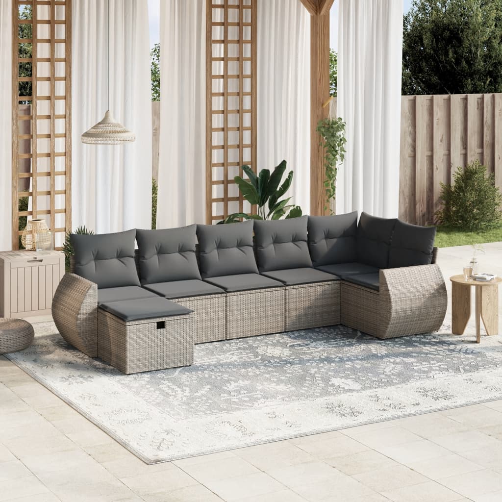 Salon de jardin avec coussins 7 pcs gris résine tressée