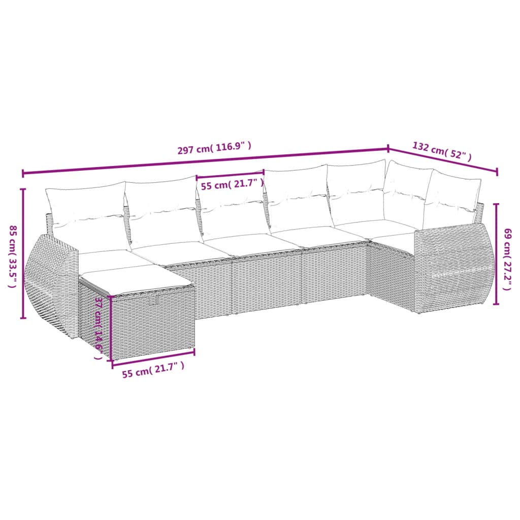 Salon de jardin avec coussins 7 pcs marron résine tressée