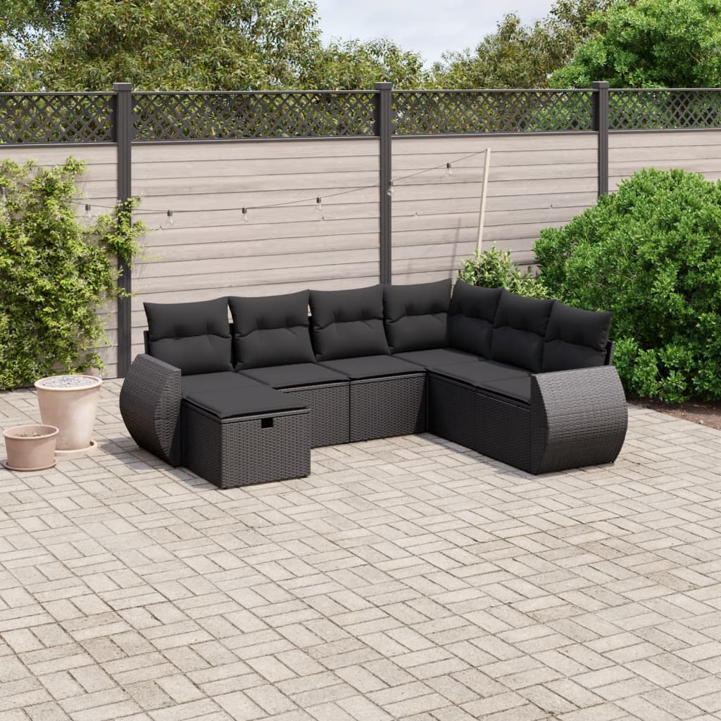 Salon de jardin 7 pcs avec coussins noir résine tressée