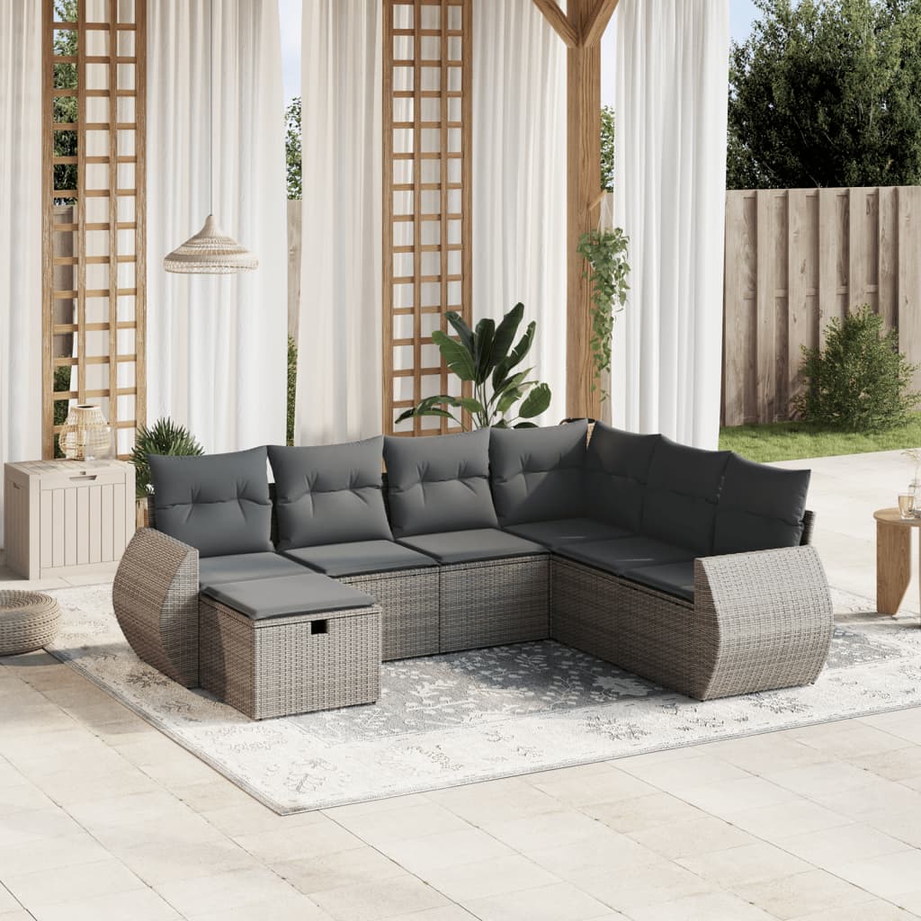 Salon de jardin avec coussins 7 pcs gris résine tressée