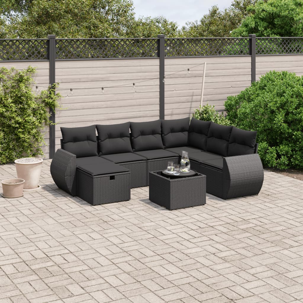 Salon de jardin 8 pcs avec coussins noir résine tressée