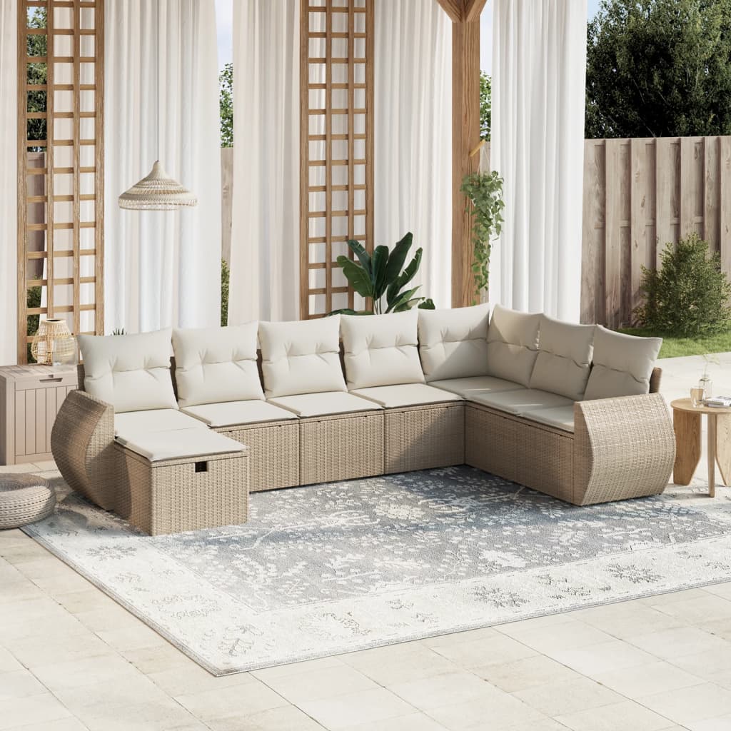 Salon de jardin avec coussins 8 pcs beige résine tressée