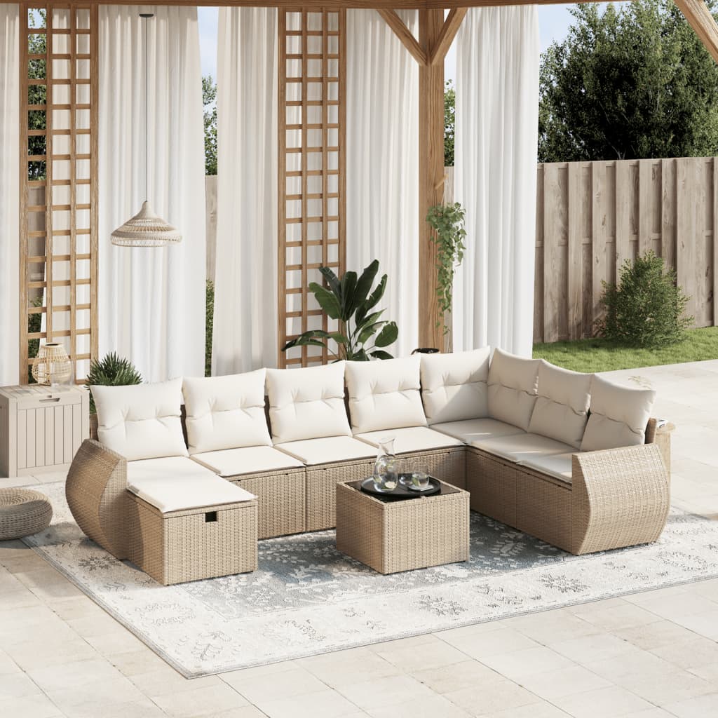 Salon de jardin avec coussins 9 pcs beige résine tressée