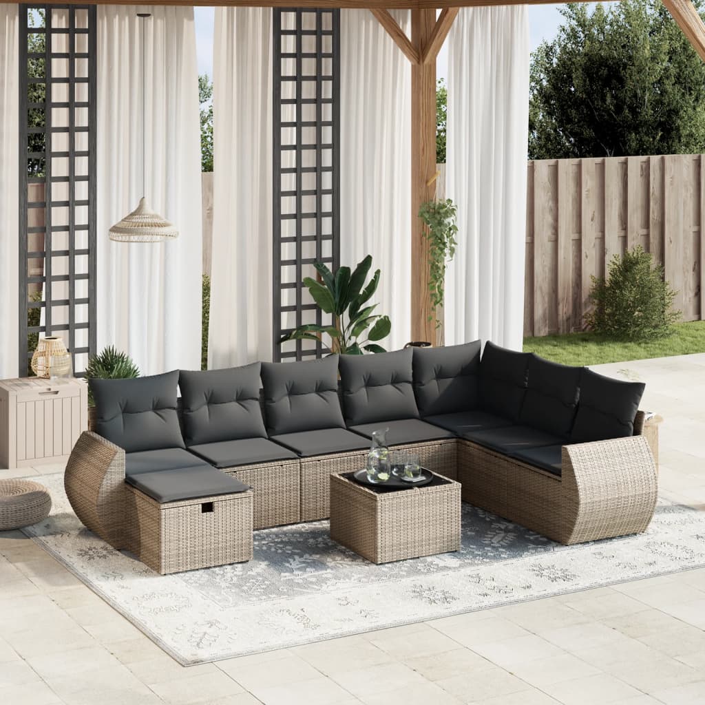 Salon de jardin 9 pcs avec coussins gris résine tressée