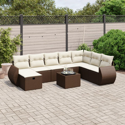 Salon de jardin avec coussins 9 pcs marron résine tressée