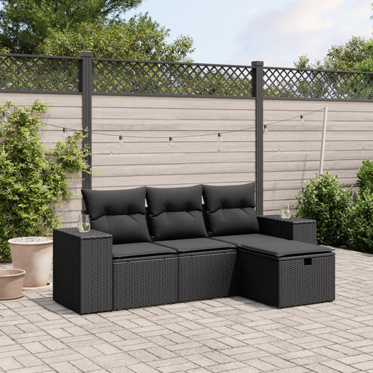 Salon de jardin 4 pcs avec coussins noir résine tressée