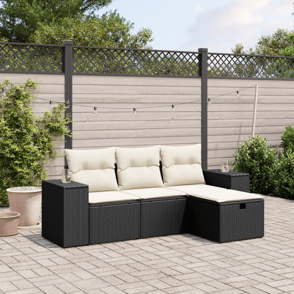 Salon de jardin 4 pcs avec coussins noir résine tressée