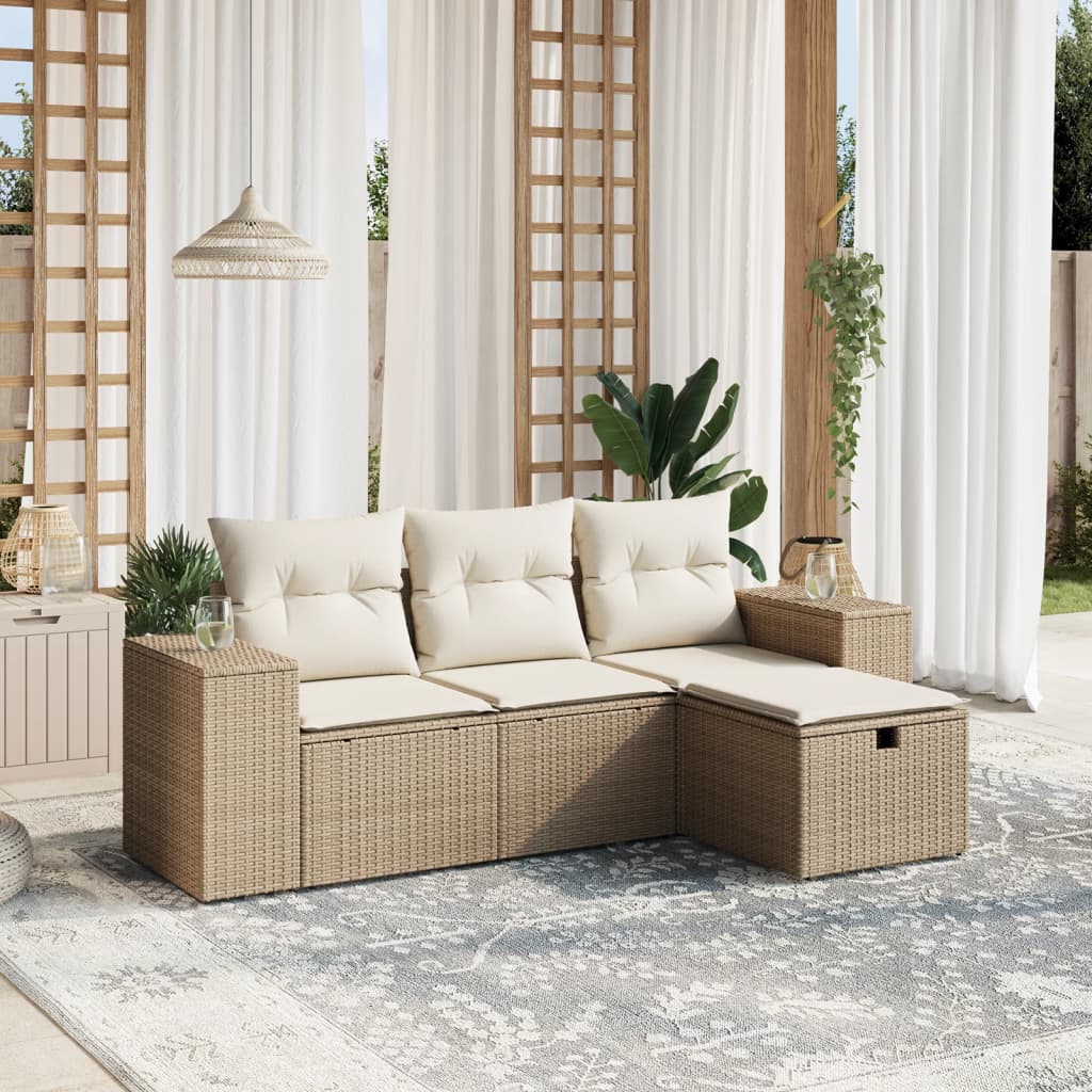 Salon de jardin avec coussins 4 pcs beige résine tressée