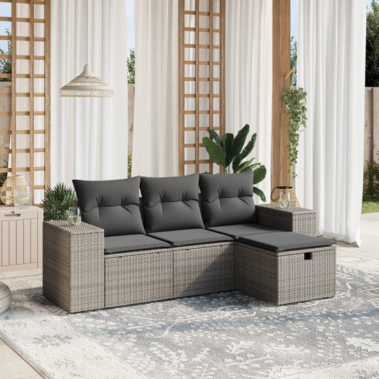 Salon de jardin 4 pcs avec coussins gris résine tressée