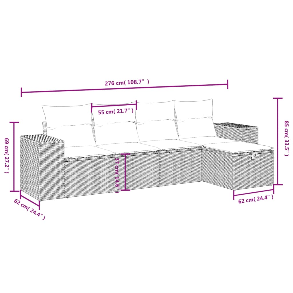 Salon de jardin avec coussins 5 pcs marron résine tressée