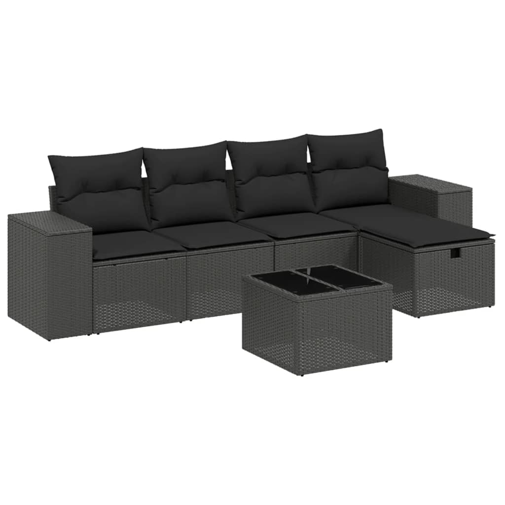 Salon de jardin 6 pcs avec coussins noir résine tressée