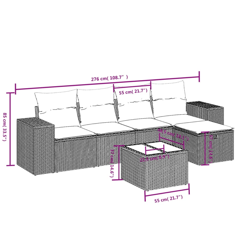 Salon de jardin 6 pcs avec coussins gris clair résine tressée