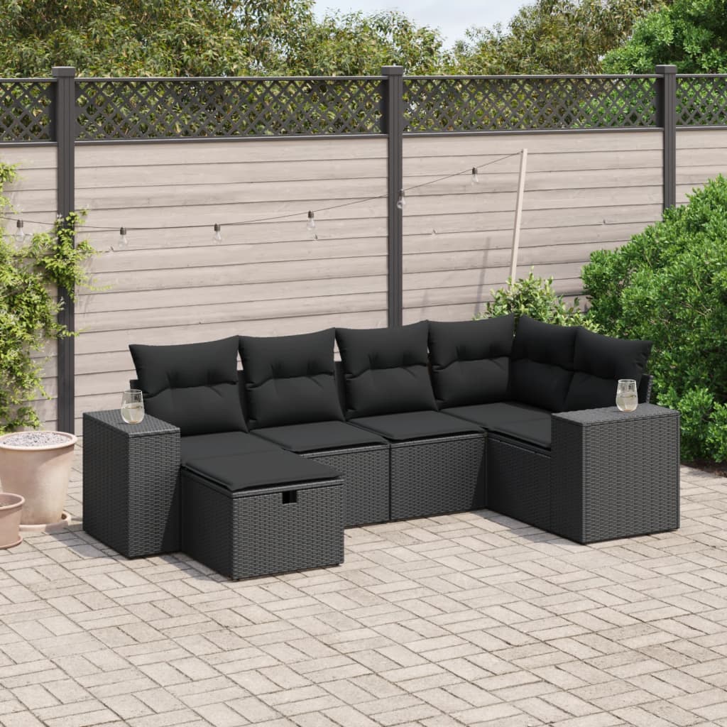 Salon de jardin 6 pcs avec coussins noir résine tressée