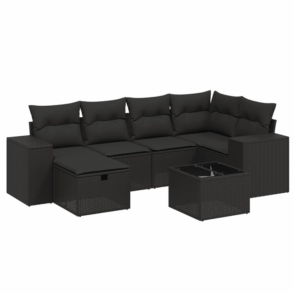 Salon de jardin 7 pcs avec coussins noir résine tressée