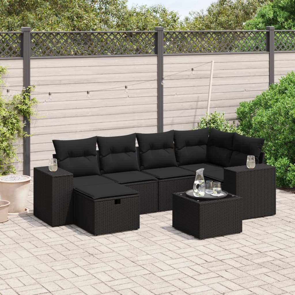 Salon de jardin 7 pcs avec coussins noir résine tressée