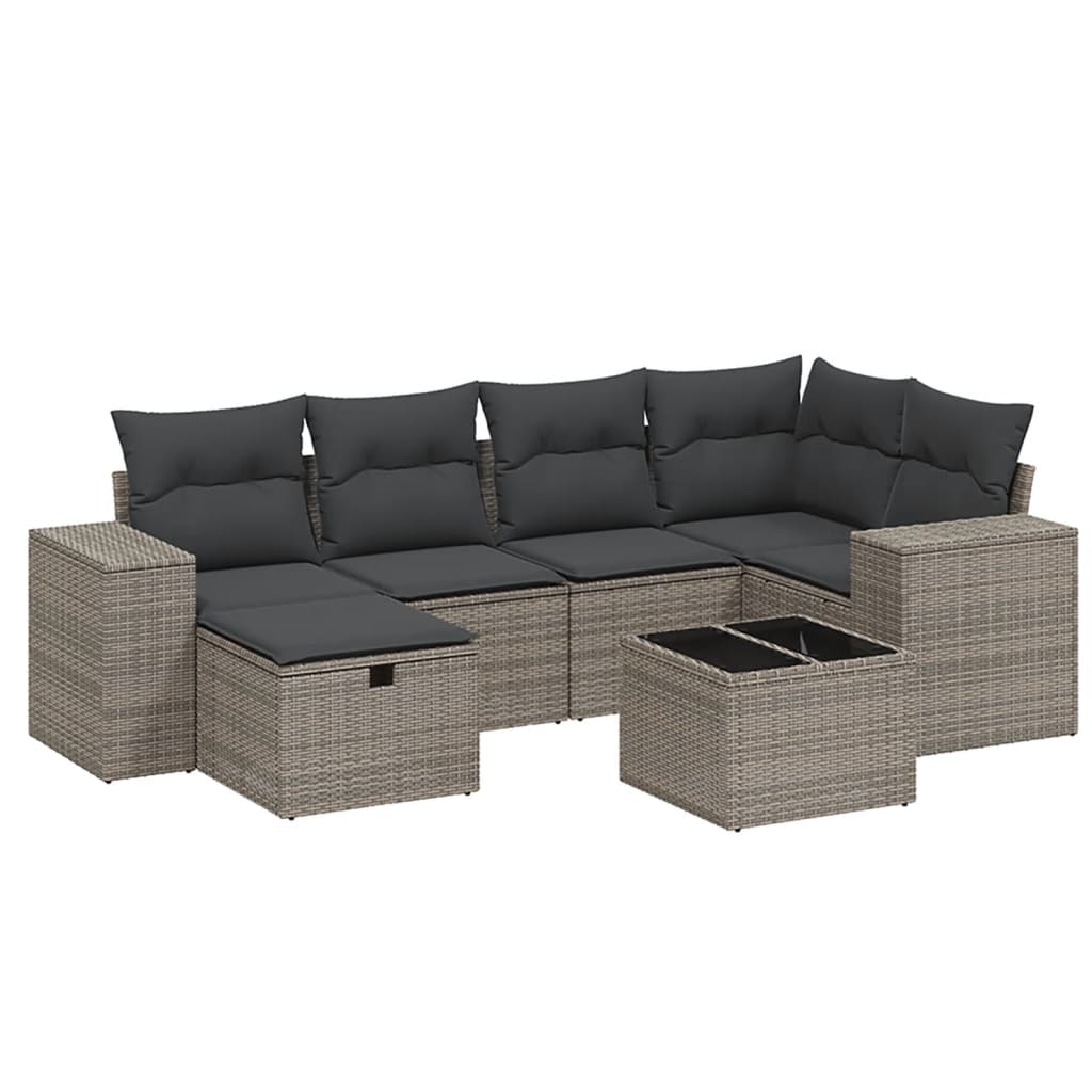 Salon de jardin avec coussins 7 pcs gris résine tressée