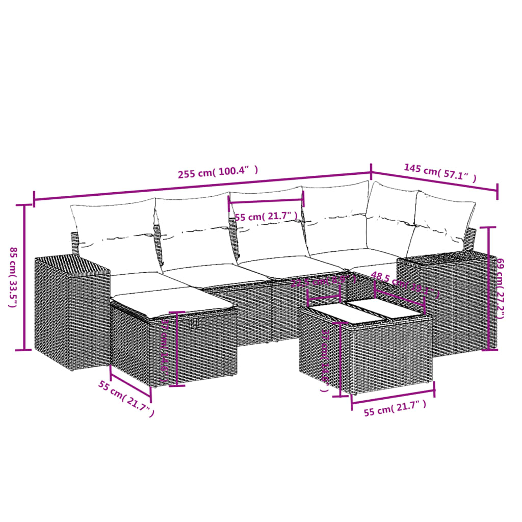 Salon de jardin avec coussins 7 pcs gris résine tressée