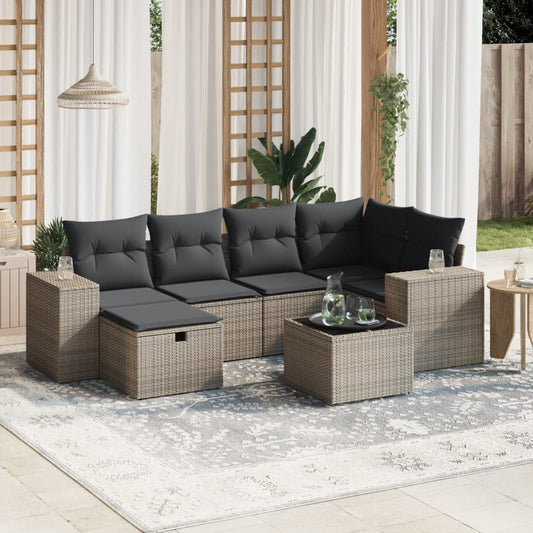 Salon de jardin avec coussins 7 pcs gris résine tressée