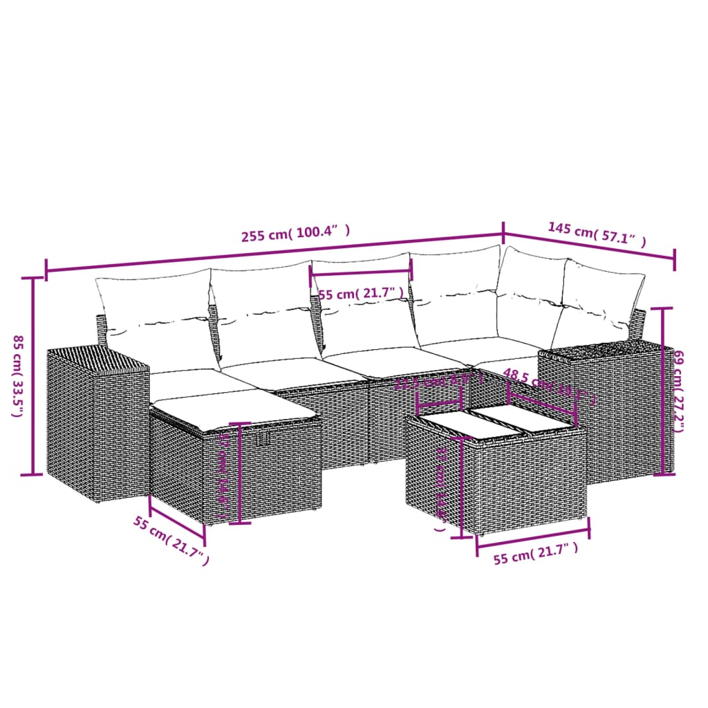 Salon de jardin avec coussins 7 pcs gris clair résine tressée