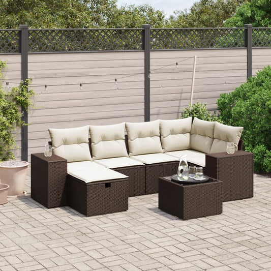 Salon de jardin avec coussins 7 pcs marron résine tressée