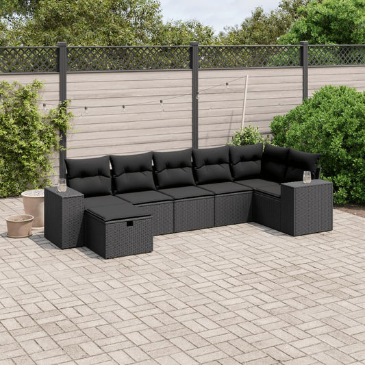 Salon de jardin 7 pcs avec coussins noir résine tressée