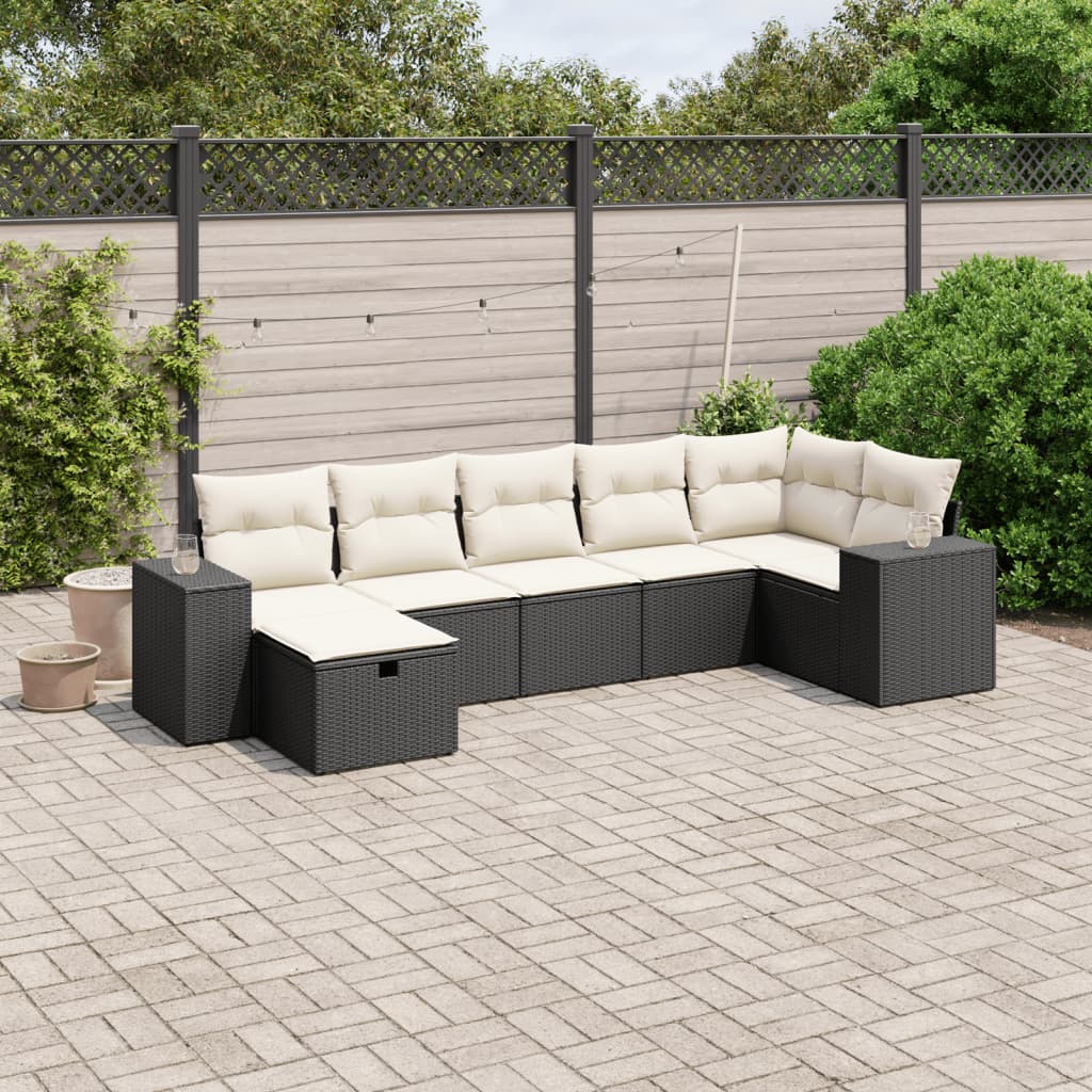 Salon de jardin 7 pcs avec coussins noir résine tressée