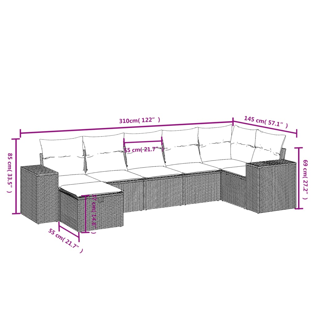 Salon de jardin avec coussins 7 pcs marron résine tressée