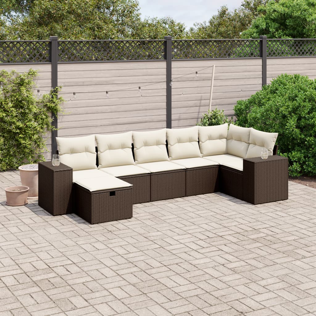 Salon de jardin avec coussins 7 pcs marron résine tressée