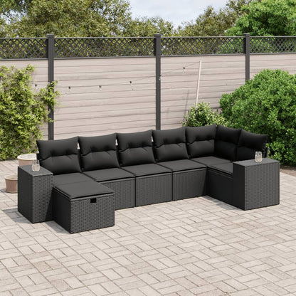 Salon de jardin 7 pcs avec coussins noir résine tressée