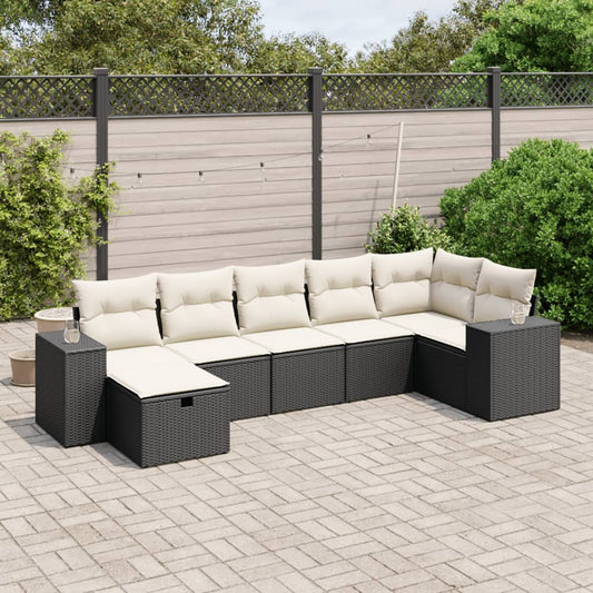 Salon de jardin 7 pcs avec coussins noir résine tressée