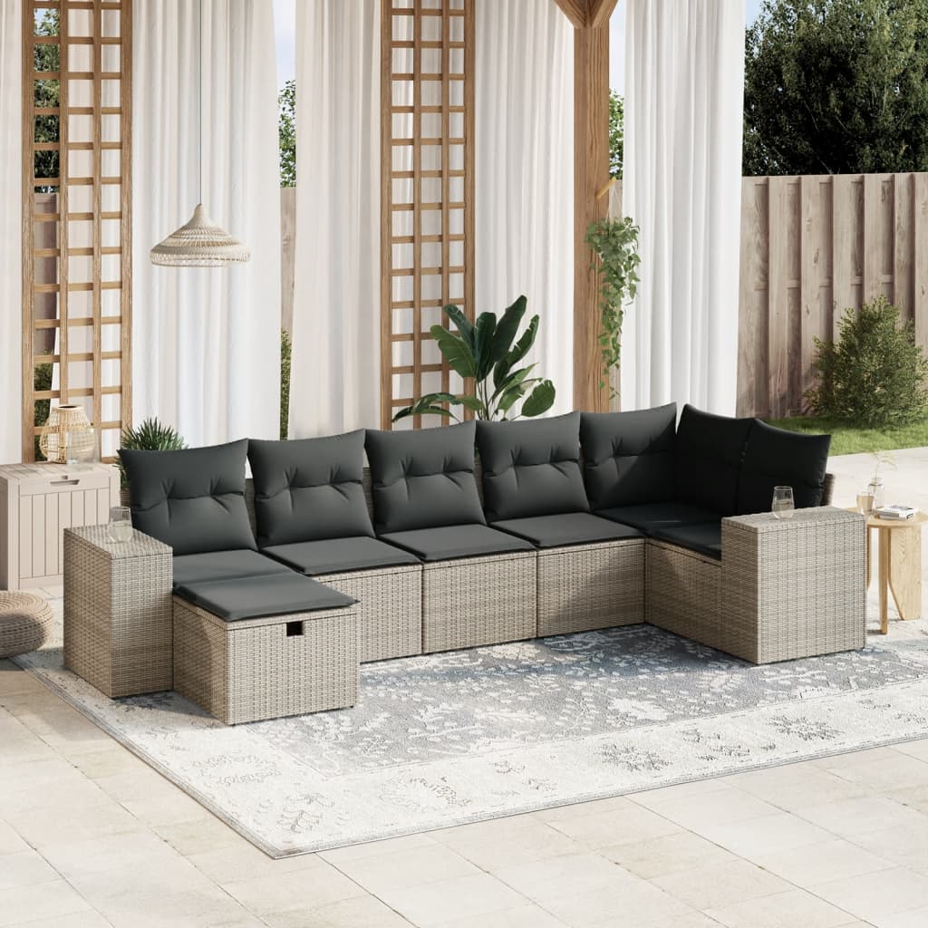 Salon de jardin avec coussins 7 pcs gris résine tressée