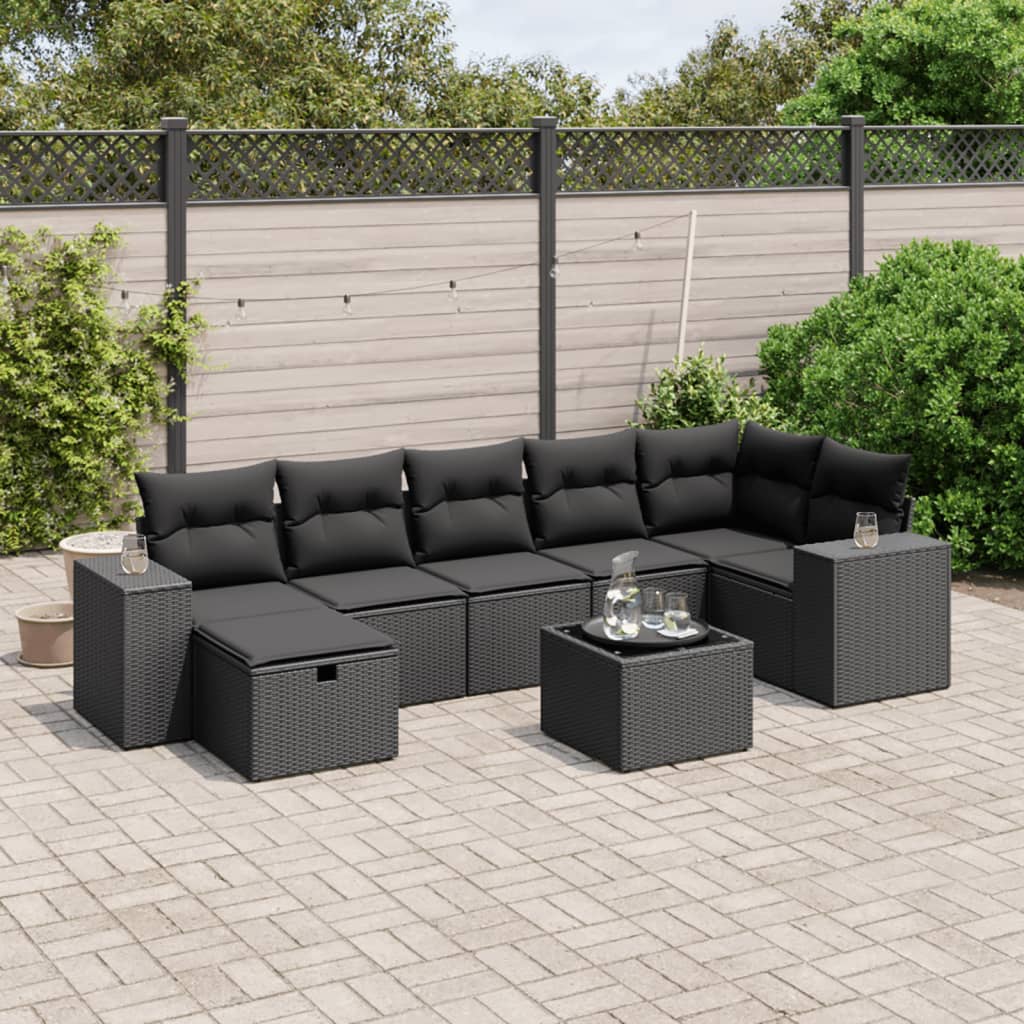 Salon de jardin 8 pcs avec coussins noir résine tressée