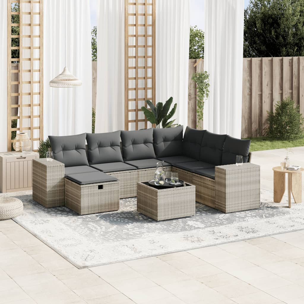 Salon de jardin 8 pcs avec coussins gris clair résine tressée