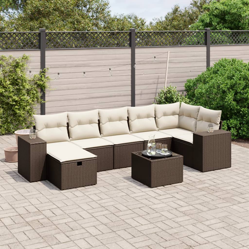 Salon de jardin 8 pcs avec coussins marron résine tressée