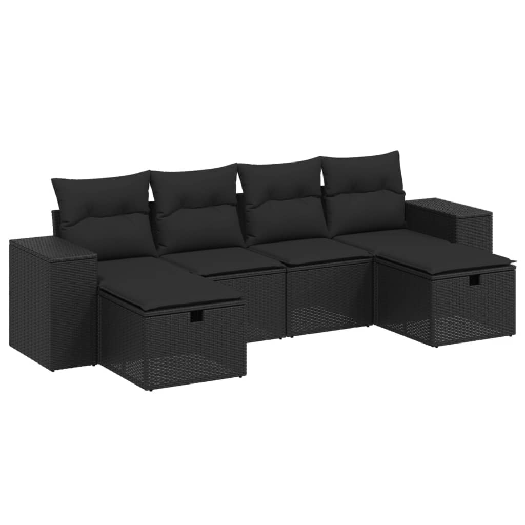 Salon de jardin 6 pcs avec coussins noir résine tressée