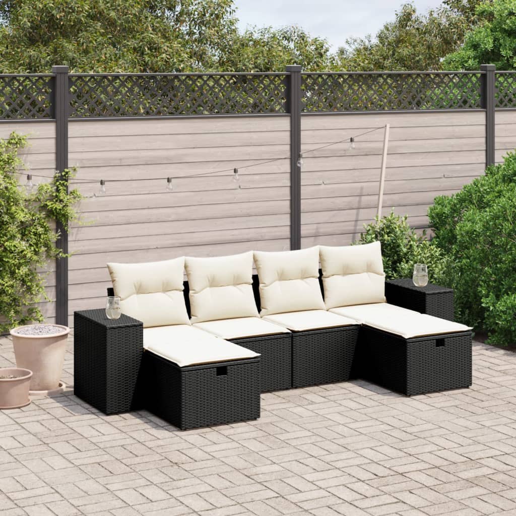 Salon de jardin 6 pcs avec coussins noir résine tressée