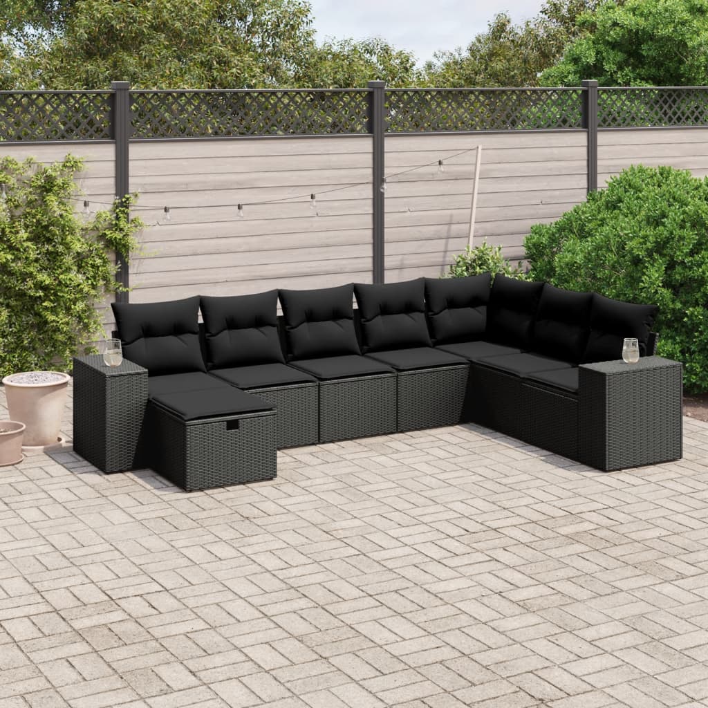 Salon de jardin 8 pcs avec coussins noir résine tressée